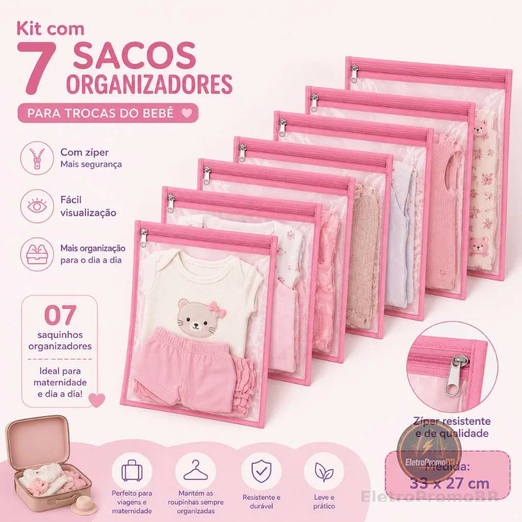 Kit 7 Saquinhos Maternidade Organizador Mala Bebê 27 x 33 MALA/VIAGEM/ROUPA MOLHADA e SECA
