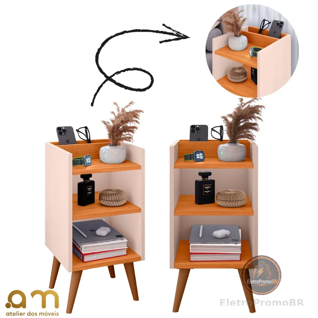 Kit com 2 Mesa de Cabeceira Nicho Organizador, pés retrô em PVC e Porta-Celular Max