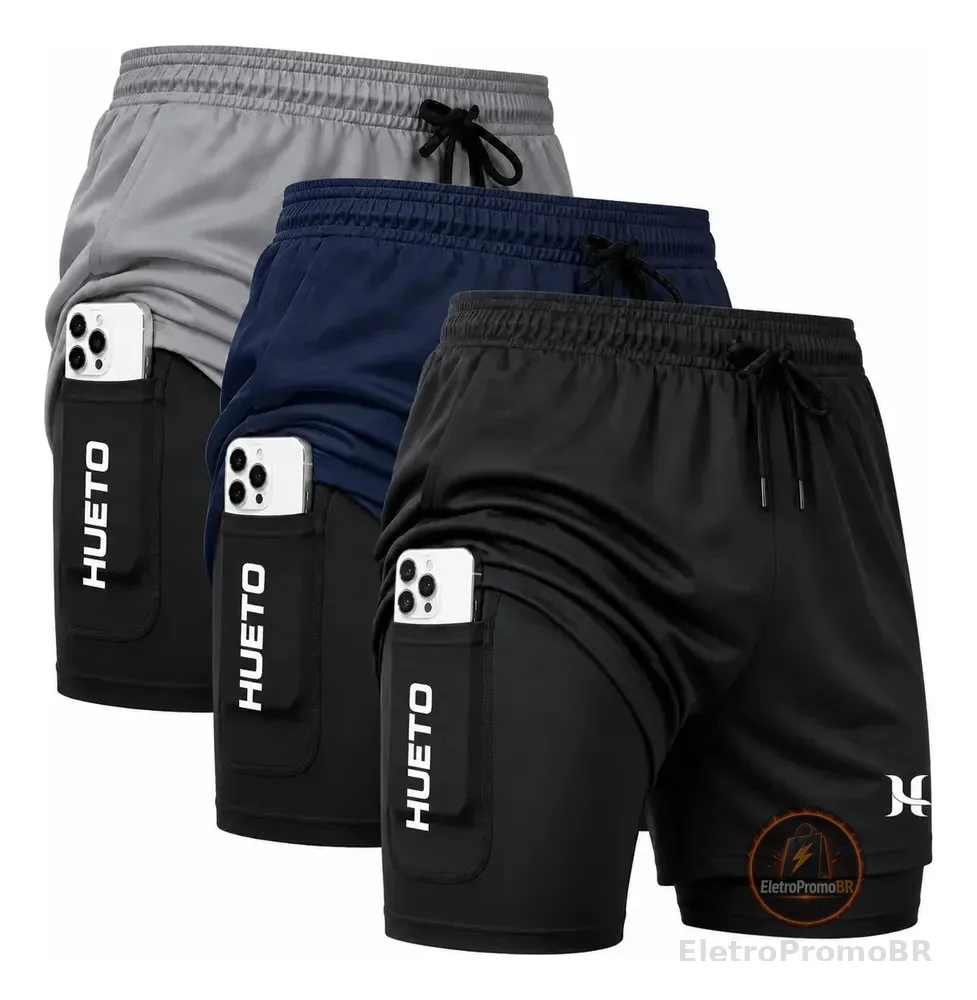 Kit 3 Short Duplo Academia Treino Bermuda 2 Em 1 Compressão Preto - Cinza - Azul Hueto G