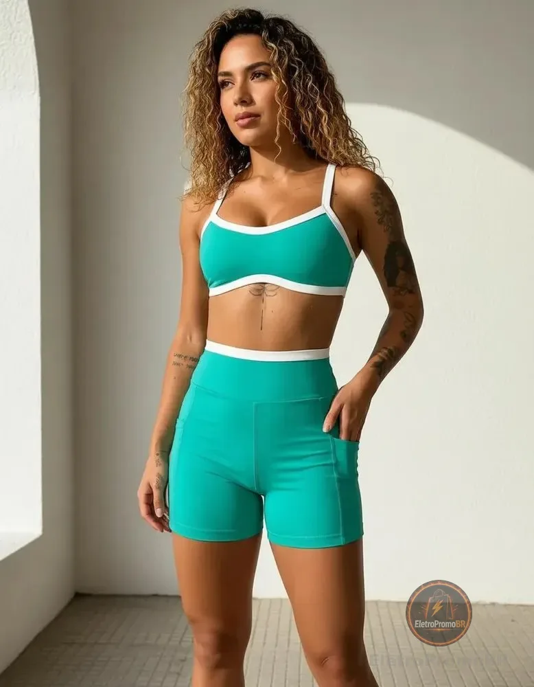 Conjunto Fitness Feminino Top Duplo Shorts Bolso Cós Alto Uv Verde Jade Liso P