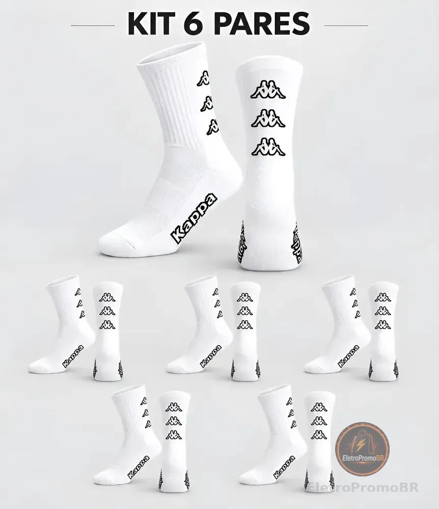 Kit 6 Pares Meias Kappa Algodão Cano Médio Conforto Original Branco 38-43