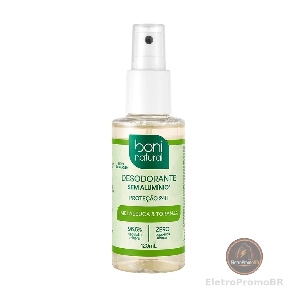 Desodorante Natural e Vegano com óleos essenciais de Melaleuca e Toranja, 24h de proteção, Sem Alumínio, Sem Parabeno, Boni Natural, Transparente
