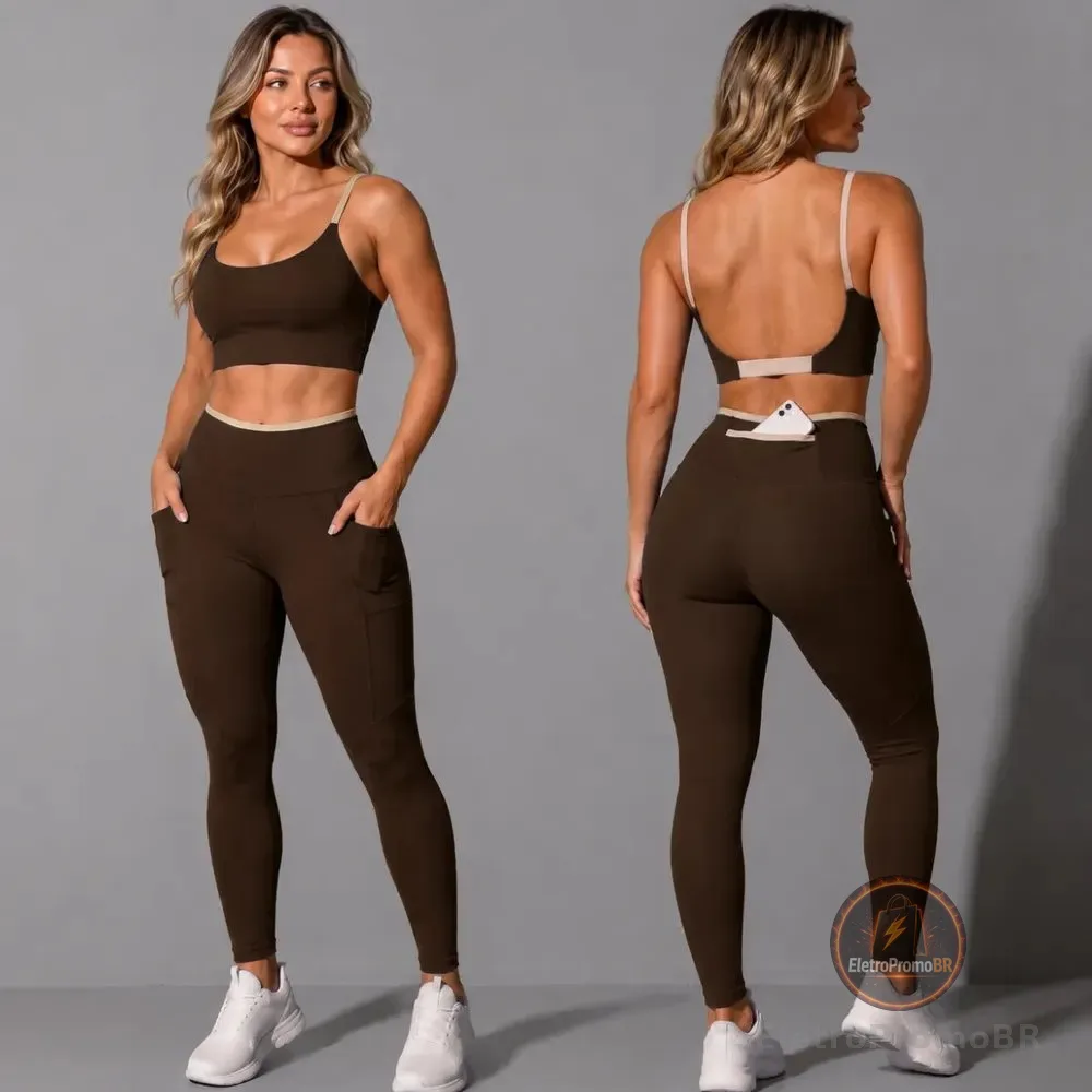 Conjunto Academia Top Calça Legging Fitness Roupa Kit Bolso Marrom/areia Liso Gg 42/44