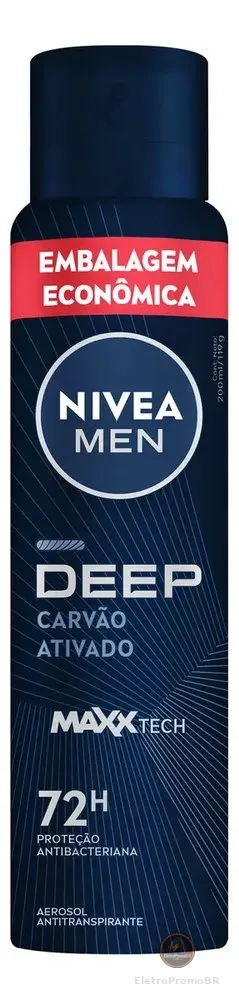 NIVEA MEN Desodorante Antitranspirante Aerossol Deep Carvão Ativado 200ml, Proteção Antibacteriana 72h, Controle do Suor e Odor