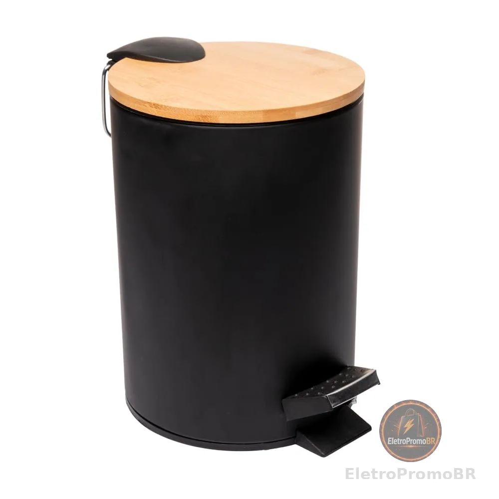 LYOR - Lixeira Redonda De Metal Com Pedal e Tampa Em Bambu Preta 3L