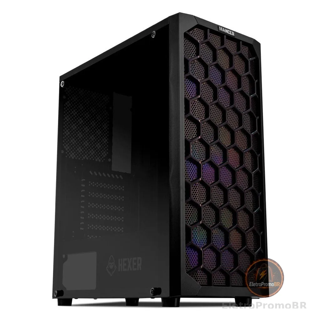 Gabinete Gamer Mancer Hexer, Rainbow, Mid-Tower, Lateral de Vidro, Com 3 Fans, Preto, MCR-HEX-RB01