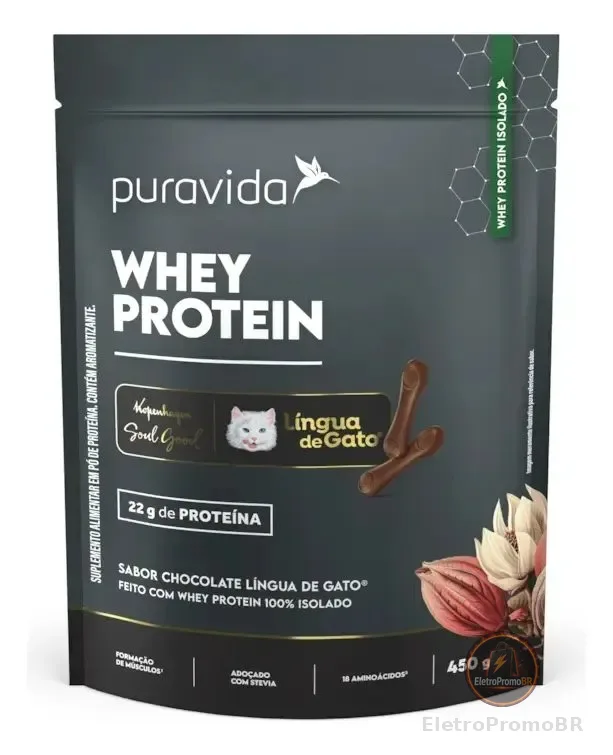 Whey Protein Isolado Chocolate Lingua de Gato 450g Puravida