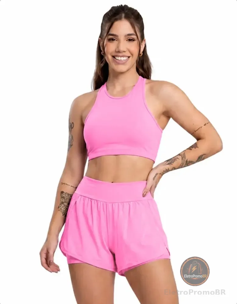 Conjunto Fitness Top Short Corrida Academia Feminino Treino Rosa Liso M