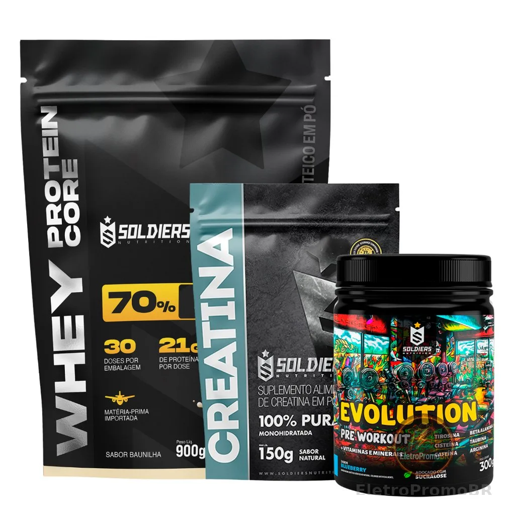Kit Whey Core 70% de Proteína Concentrada -900g + Pré-Treino Evoluition 300g + Creatina 150g -Soldiers Nutrition