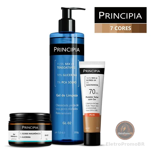 Principia Kit Limpa Hidrata e Protege c/ Gel de Limpeza GL-02 +Gel Hidratante GH-01 + Protetor Cor PS-05 FPS 70