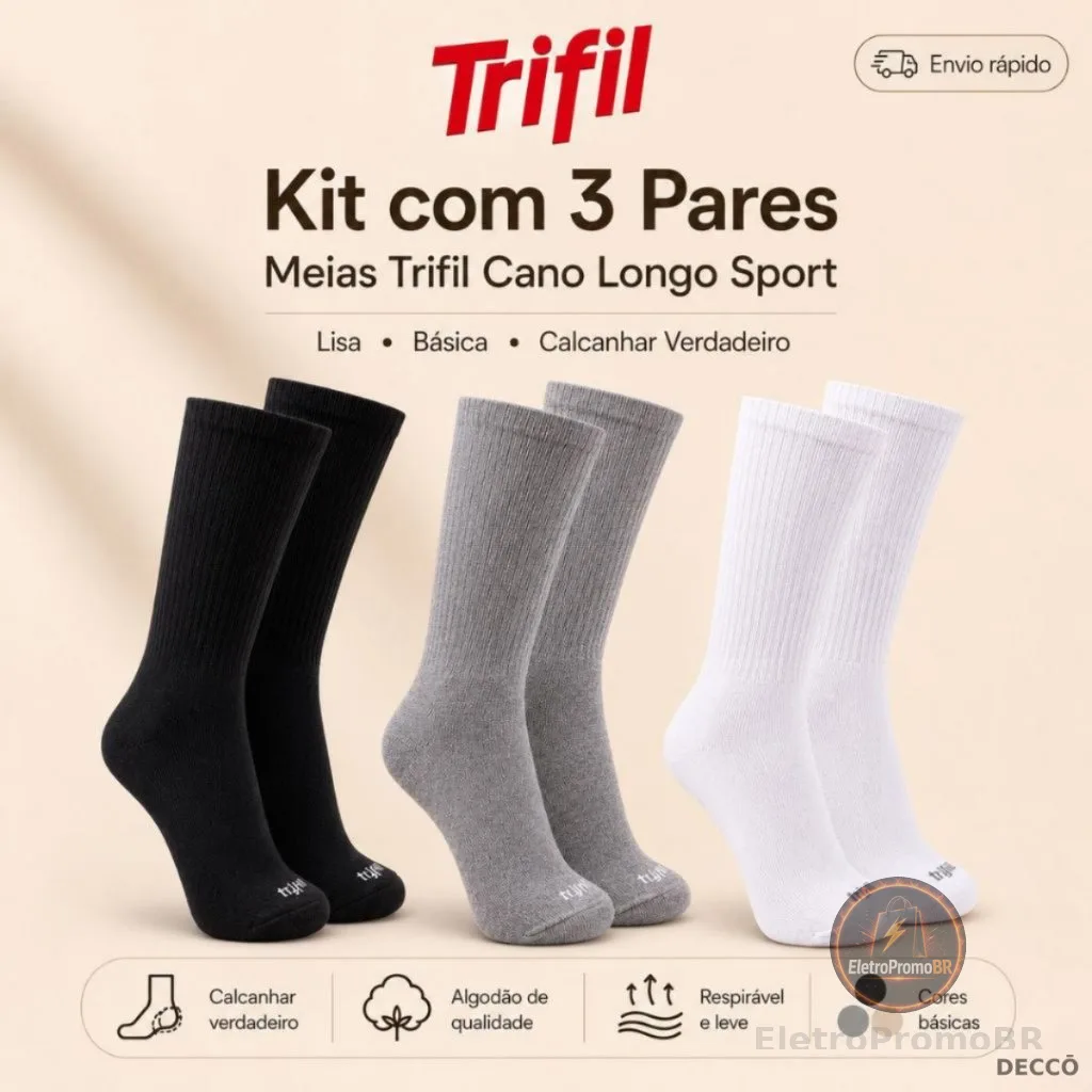 Kit com 3 Pares de Meias Trifil Esportiva Lisa Modelo Cano Longo Calcanhar Verdadeiro Básica Sport