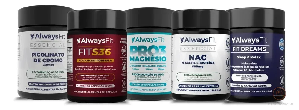 Kit 5 Produtos Alwaysfit-picolinato+pro3+nac+fits36+fitdream Sem Sabor