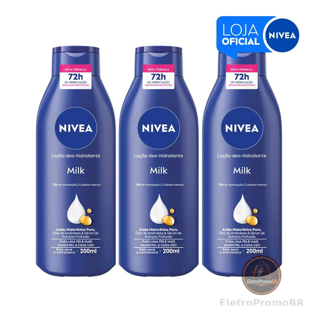 NIVEA Loção Hidratante Milk Pele Seca a Extrasseca 200ml - 3 Unidades