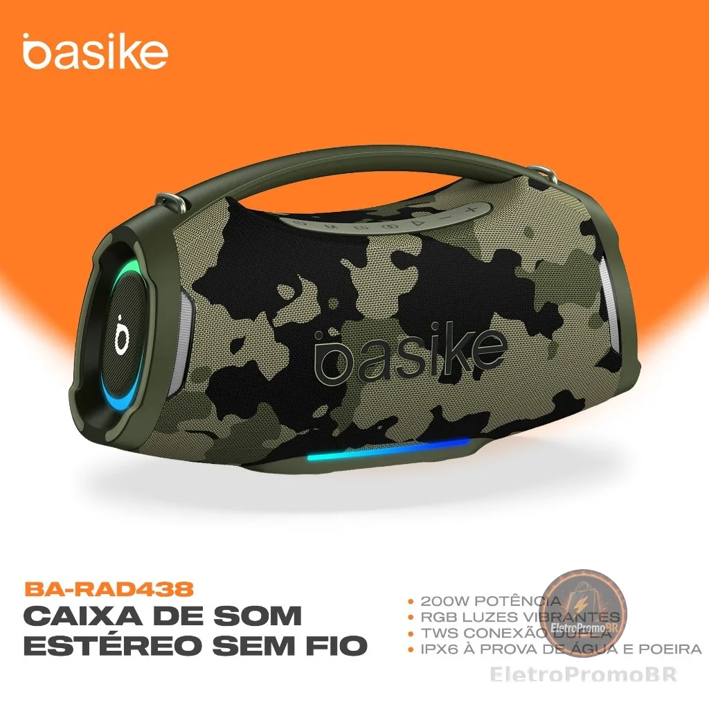 Caixa de Som Portátil Basike Bluetooth 200W Graves Fortes 18000mAh IPX6 À Prova D'água RGB e TWS