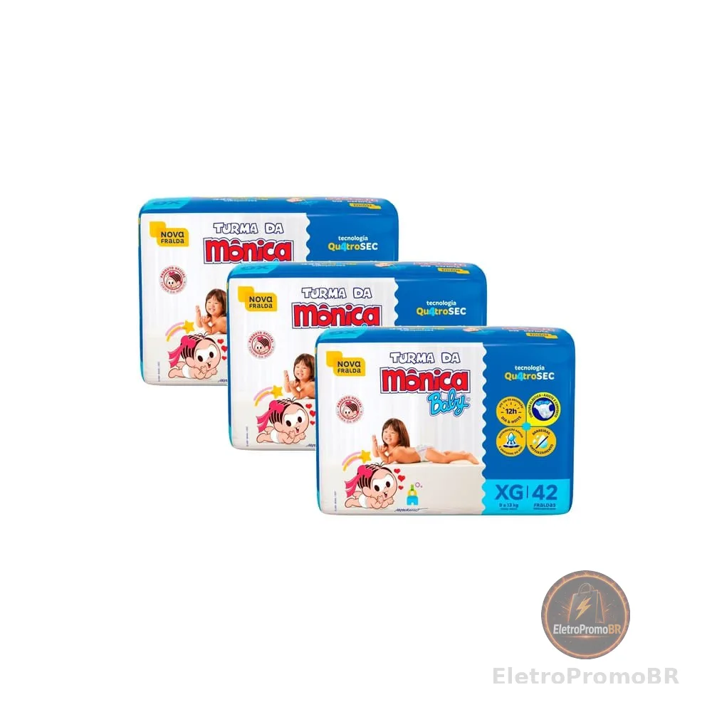 Kit 3 Fralda Turma da Mônica Baby Mega Tamanho XG 42 Unidades Descartáveis