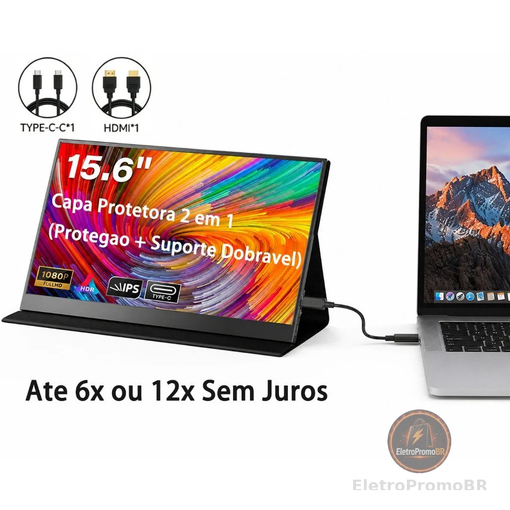 Monitor Portátil 15.6 Pol FHD 1080P IPS Type-C HDMI Segunda Tela para Notebook  Celular Switch PS5 Plug & Play com Capa
