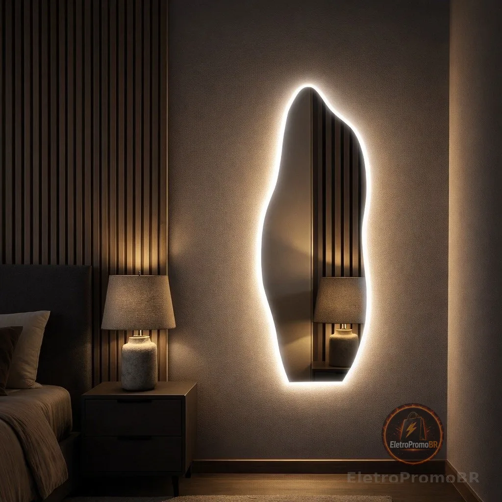 Espelho Led Bivolt 100cm x 35cm Flame Sem Led Polido Sala Salão Loja Luxo Lançamento Led Branco Led Neutro Led Amarelo