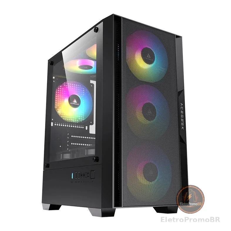 Gabinete Gamer Acegeek Stratus Mesh, Mid-Tower, Lateral de Vidro, Preto, AG-STRATUS-MESH-BK