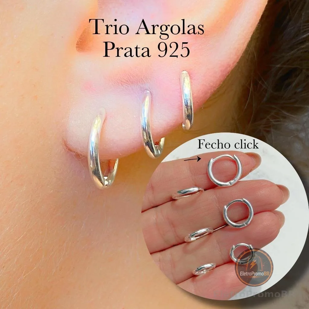 Trio de Argolas Prata 925 Lisa Cravejada Ponto de Luz Kit Feminino 3 Pares Brinco Click