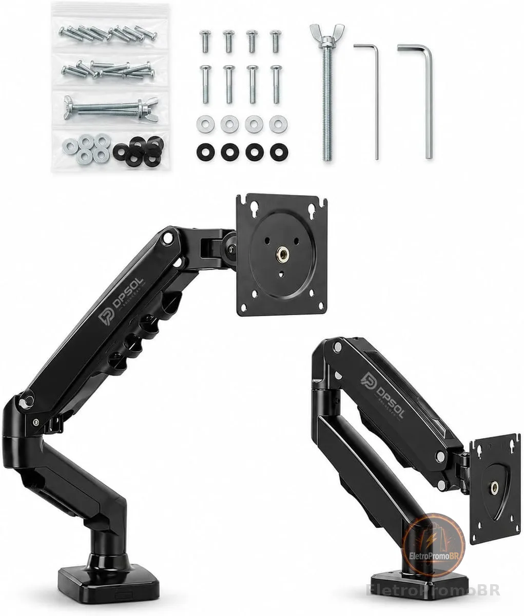 Braço articulado, suporte Articulado de Mesa, Pistão a Gás, Design Compacto e Retrátil, Ergonômico, Monitores 13'' a 35'', 2kg a 9kg, fixação monitor universal padrão vesa de 75x75mm e 100x100mm