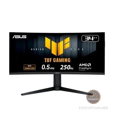 Monitor Gamer Curvo ASUS TUF 34", WQHD, 250Hz, 0.5ms, Fast VA, FreeSync Premium, Altura Ajustável, Som Integrado, Preto - VG34WQML5A