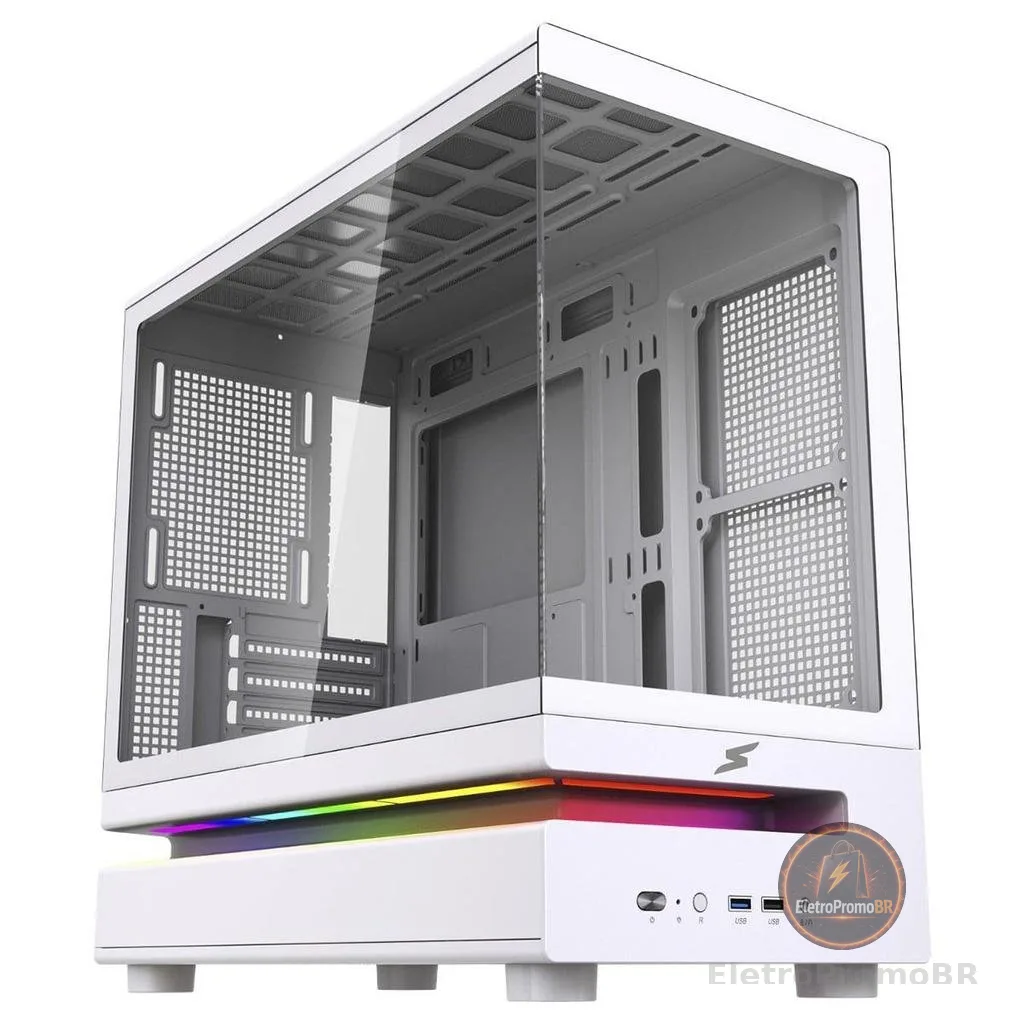 Gabinete Gamer SuperFrame Flow 500, RGB, Mid Tower, Vidro Temperado, M-ATX, Sem Fans, Branco, SF-CS-FLW50MSWNSF
