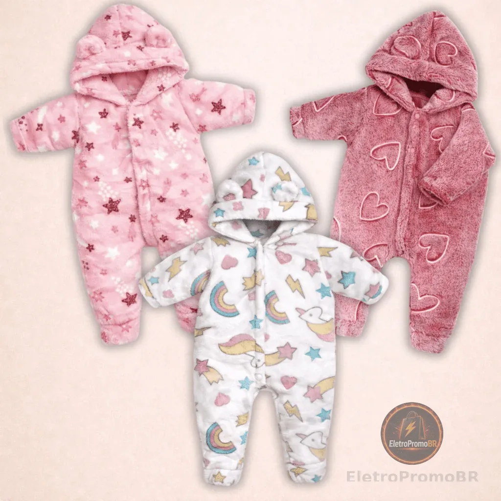Kit 3 Peças Macacão Bebe Inverno Microfibra Com Capuz Menina