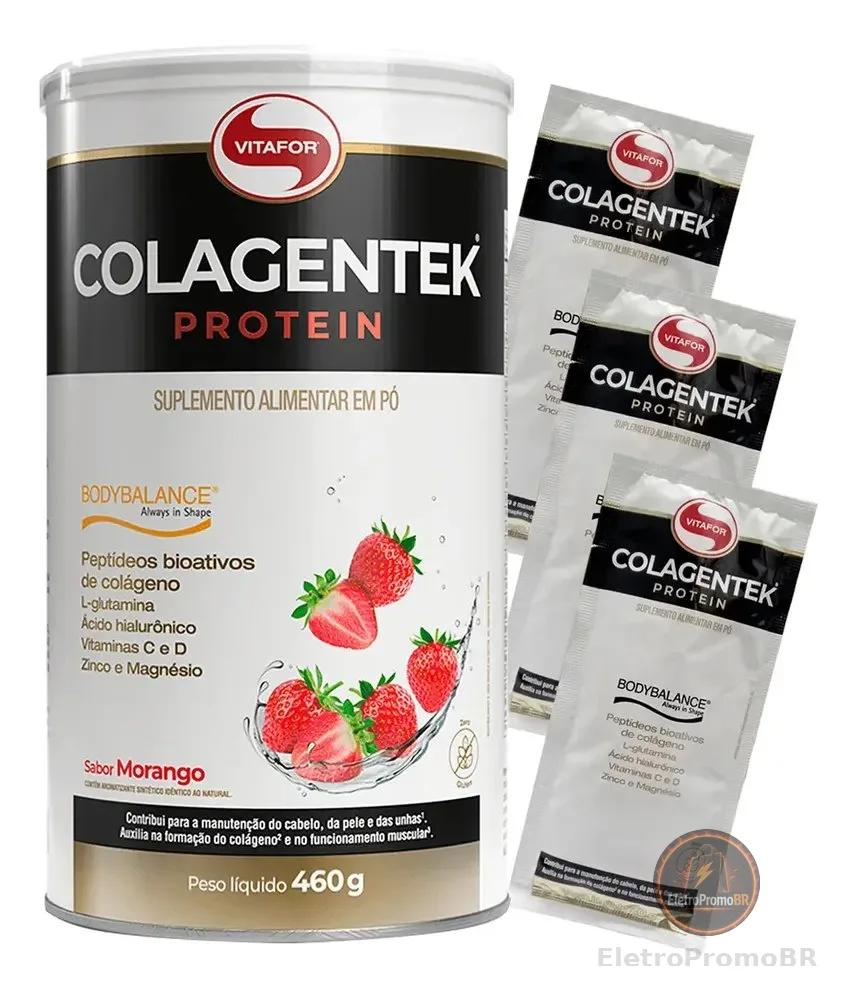 Colagentek Bodybalance Vitafor Colágeno Morango 460g Ganhe