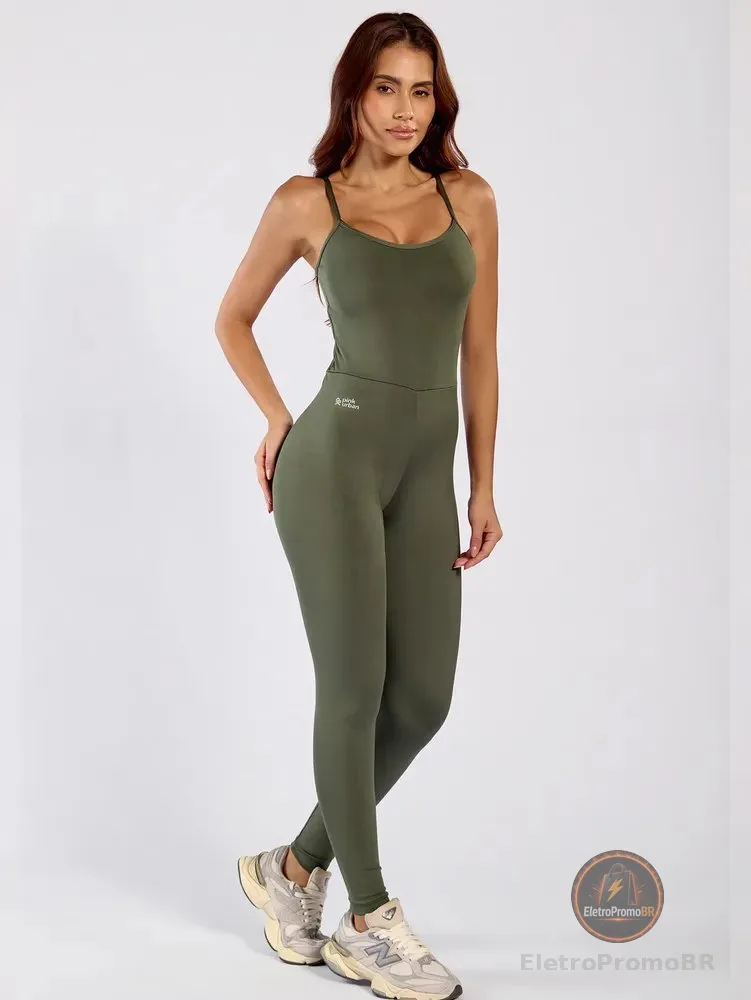 Macacão Academia Fitness Alcinha Slim Blackout Longo Verde Basic P