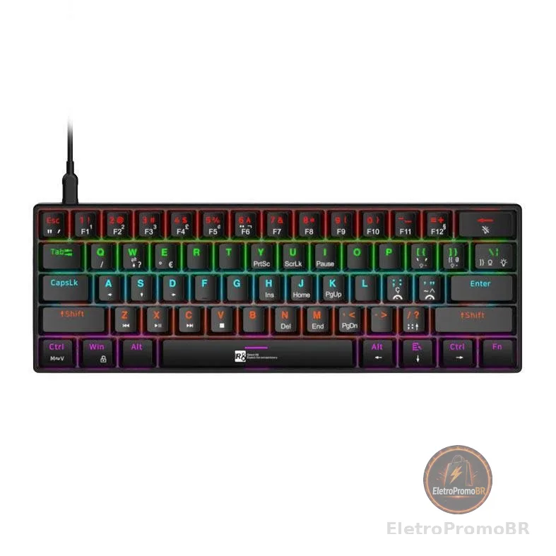 Teclado Mecanico R8 1037, RGB, ABNT2, Switch Azul, Preto, R8-1037-RBW-ABNT2