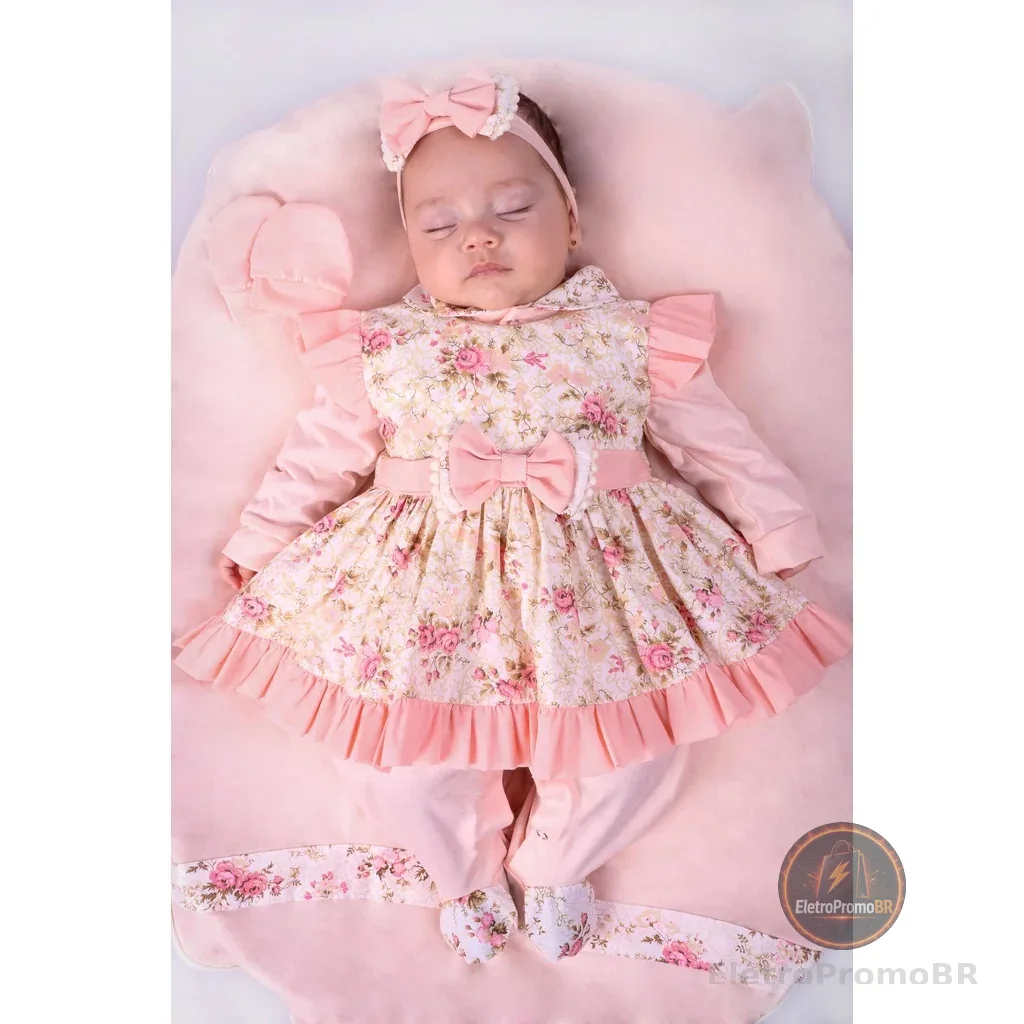 Saída Maternidade Menina Pompom Floral Salmão 05 Peças Roupa de Bebê Menina