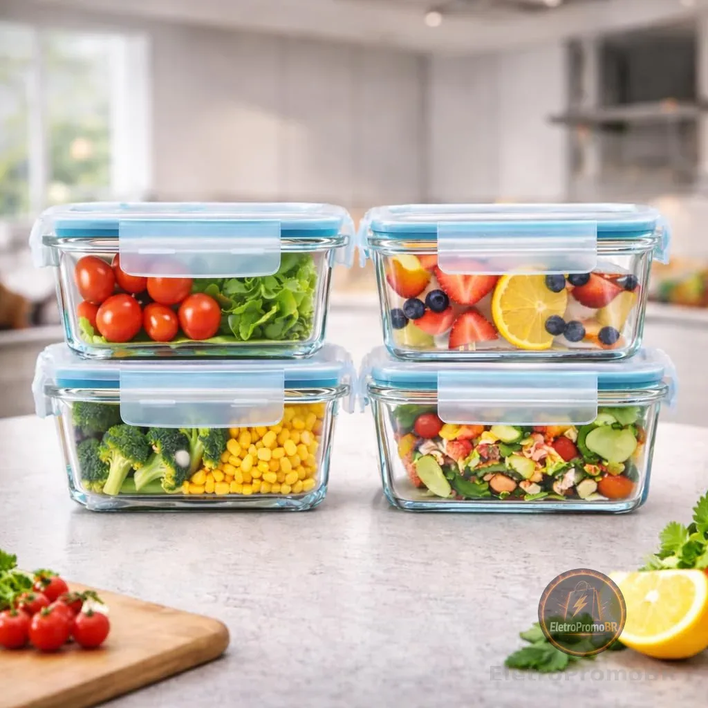 Kit 4 Potes de Vidro Hermético 640ml Borossilicato com 4 Travas – Marmita Fit, Pote para Alimentos Freezer Micro-ondas Lava-Louças Super Resistente Linha Rhead Premium - Aproximadamente 18x13x6 cm (4)