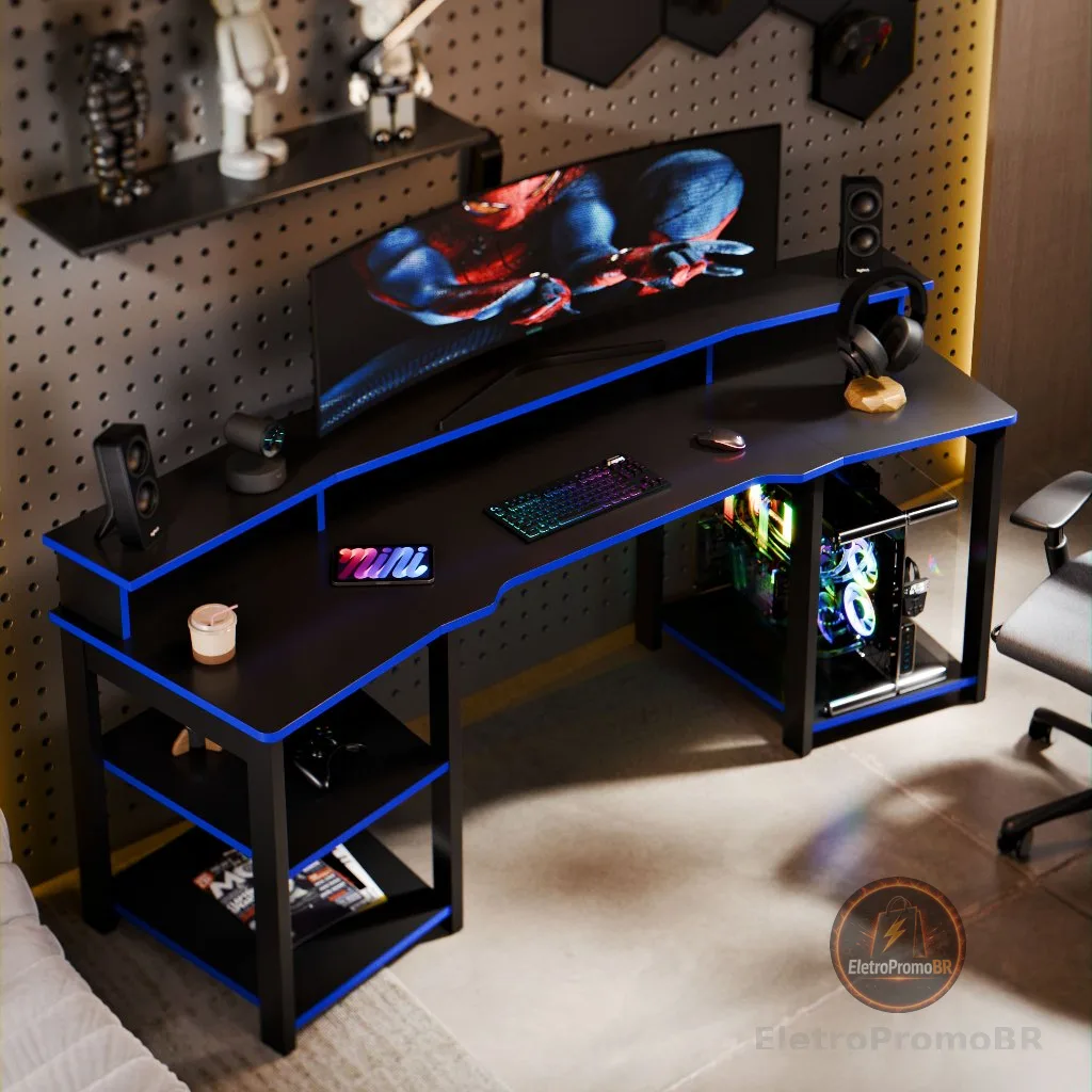Mesa Gamer Escrivaninha Oslo Para Setup Gamer Com Prateleiras E Suporte Para Monitor Design Moderno