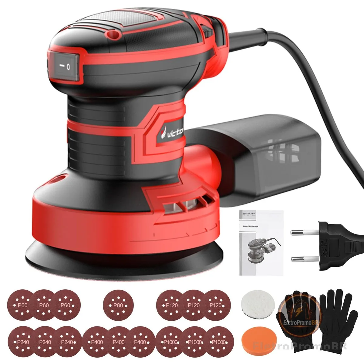 Victool Lixadeira Orbital Roto Orbital Elétrica 300W 5 Polegadas 125mm, 6 Velocidades 5000-12000RPM, Máquina de Polimento e Lixamento com Coletor de Pó, Disco de Lixa Autoadesivo e Acessórios BR