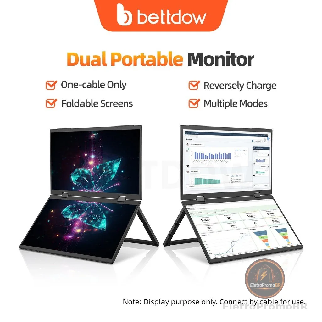 BETTDOW Monitor De Tela Dupla De 15.4 Polegadas Dobrável 315 Graus Portátil 16 : 9 IPS FHD Display Com Suporte HD