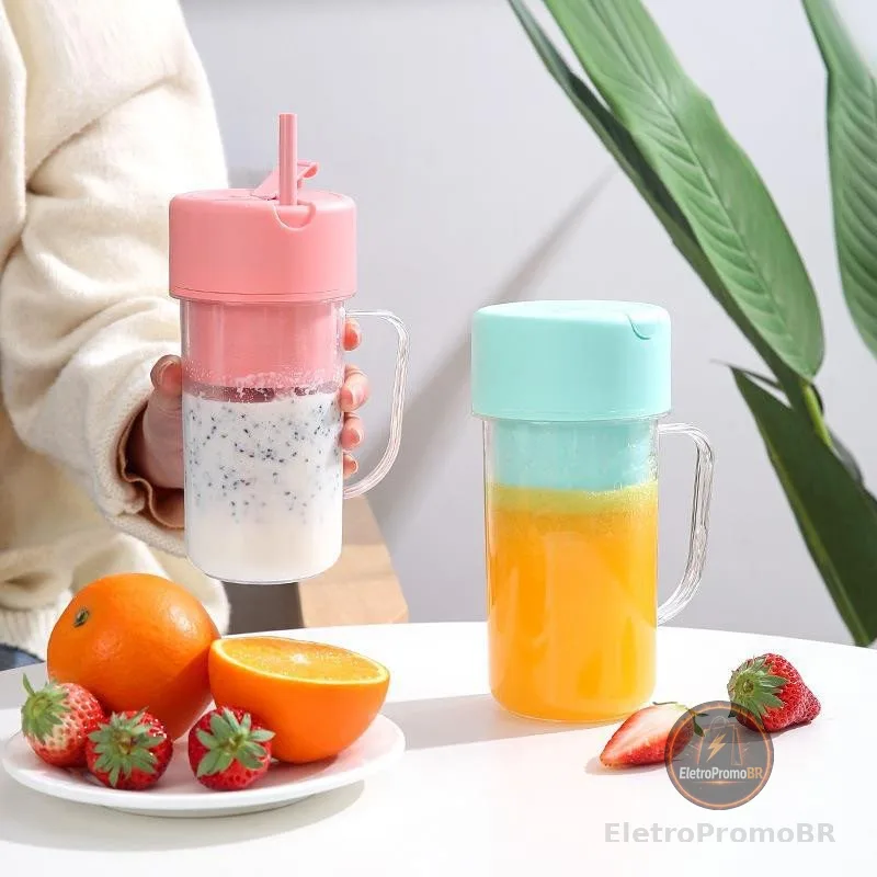 Copo Liquidificador Portátil 420ml Mini Juicer com Seis Lâminas Tampa e Canudo Recarregável