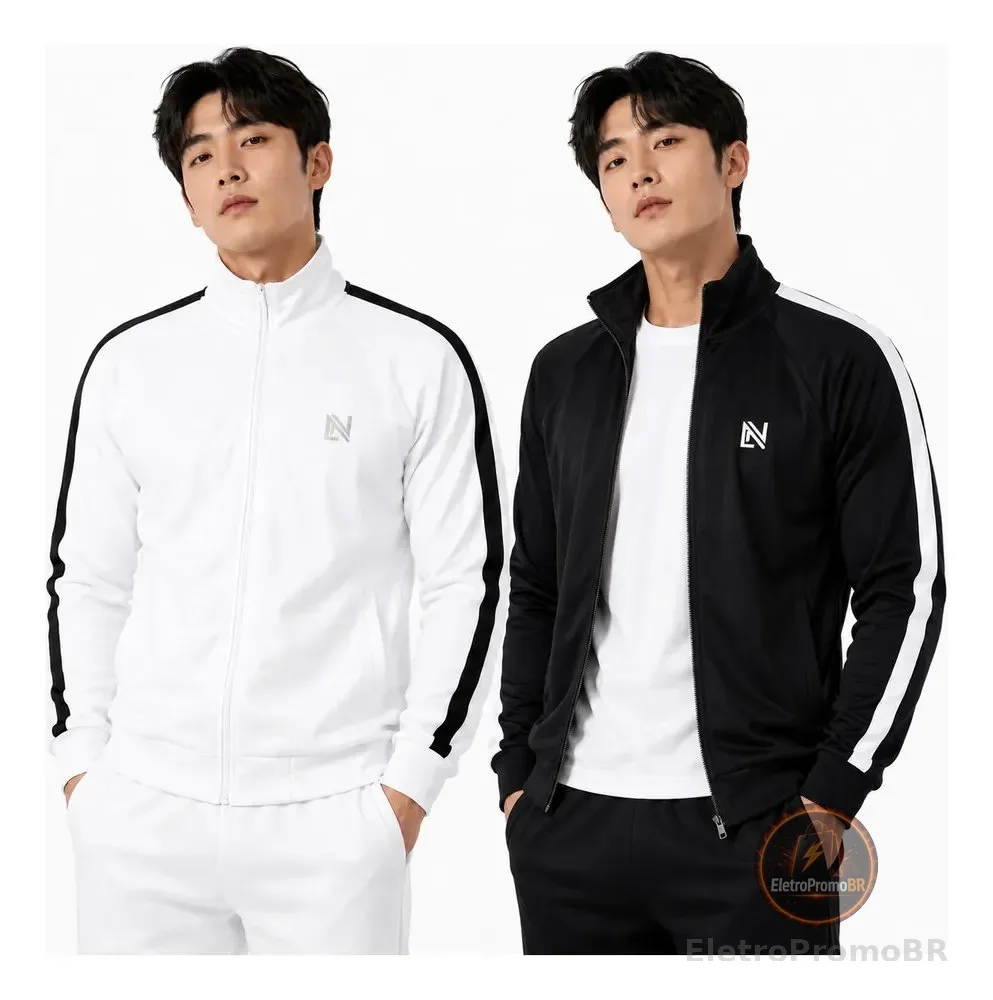 Kit 2 Jaqueta Blusa Masculina Academia Zíper Flanelad 1 Preto E 1 Branco M Liso