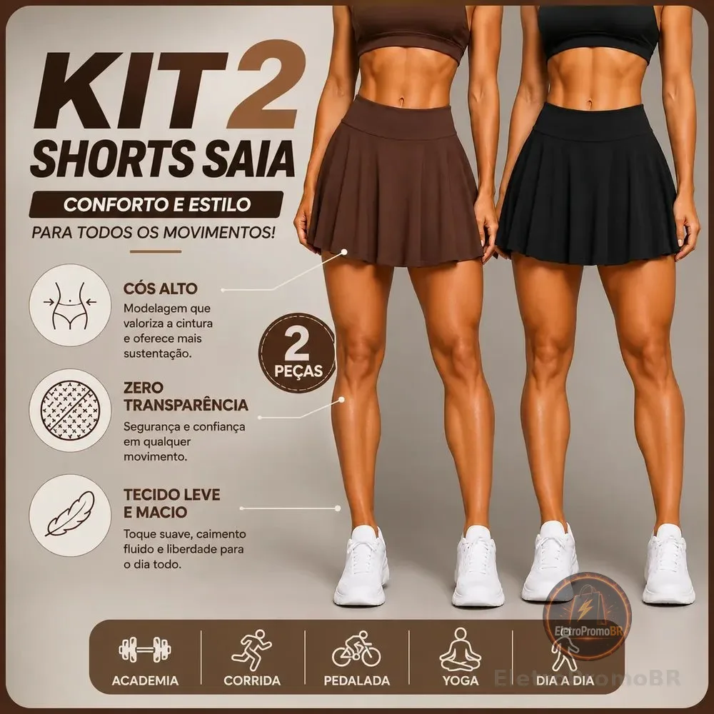Kit 2 Short Saia Academia Feminino Cós Alta Legging Fitness Preto/marrom M