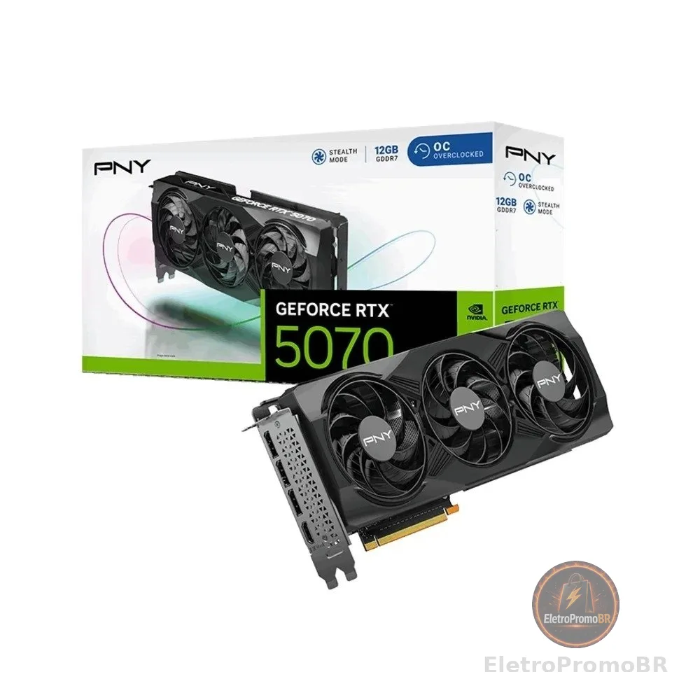 Placa de Vídeo PNY RTX 5070 Overclocked NVIDIA Geforce, 12GB GDDR7, Ray Tracing, DLSS 4, Triple Fan - VCG507012TFXPB1-O-