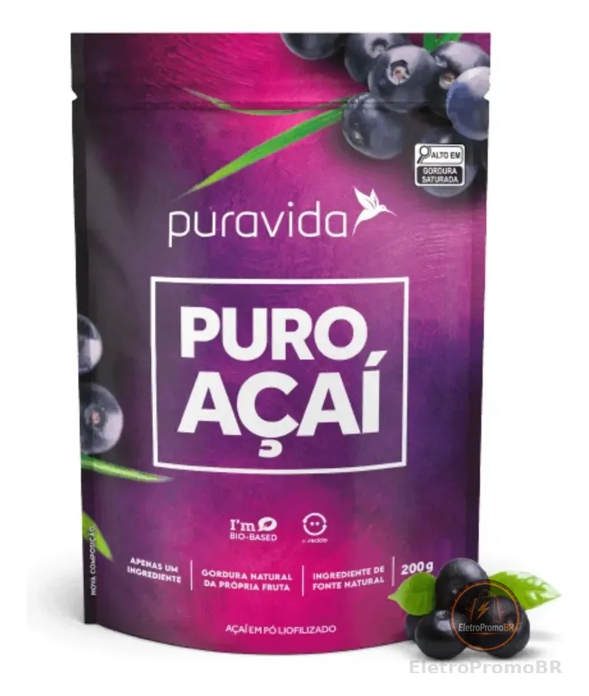 Açaí Puro em Pó Liofilizado Pura Vida 200g Vegano Sem Glúten