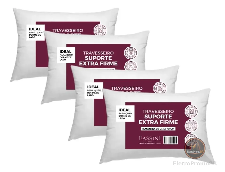 4 Travesseiros 100% Algodão  Fibra Siliconada Extra Firme  Branco Padrão