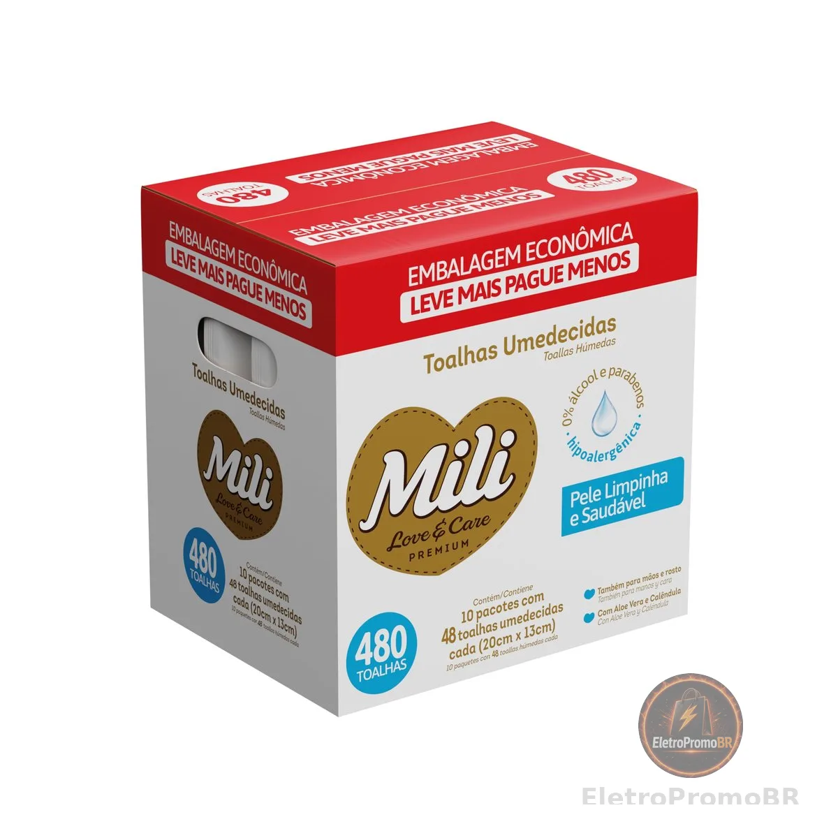 Mili Toalhas Umedecidas Love & Care Premium, Uso Bebê, Aloe Vera e Calêndula, Pack com 10 Pacotes (48 Unidades cada)