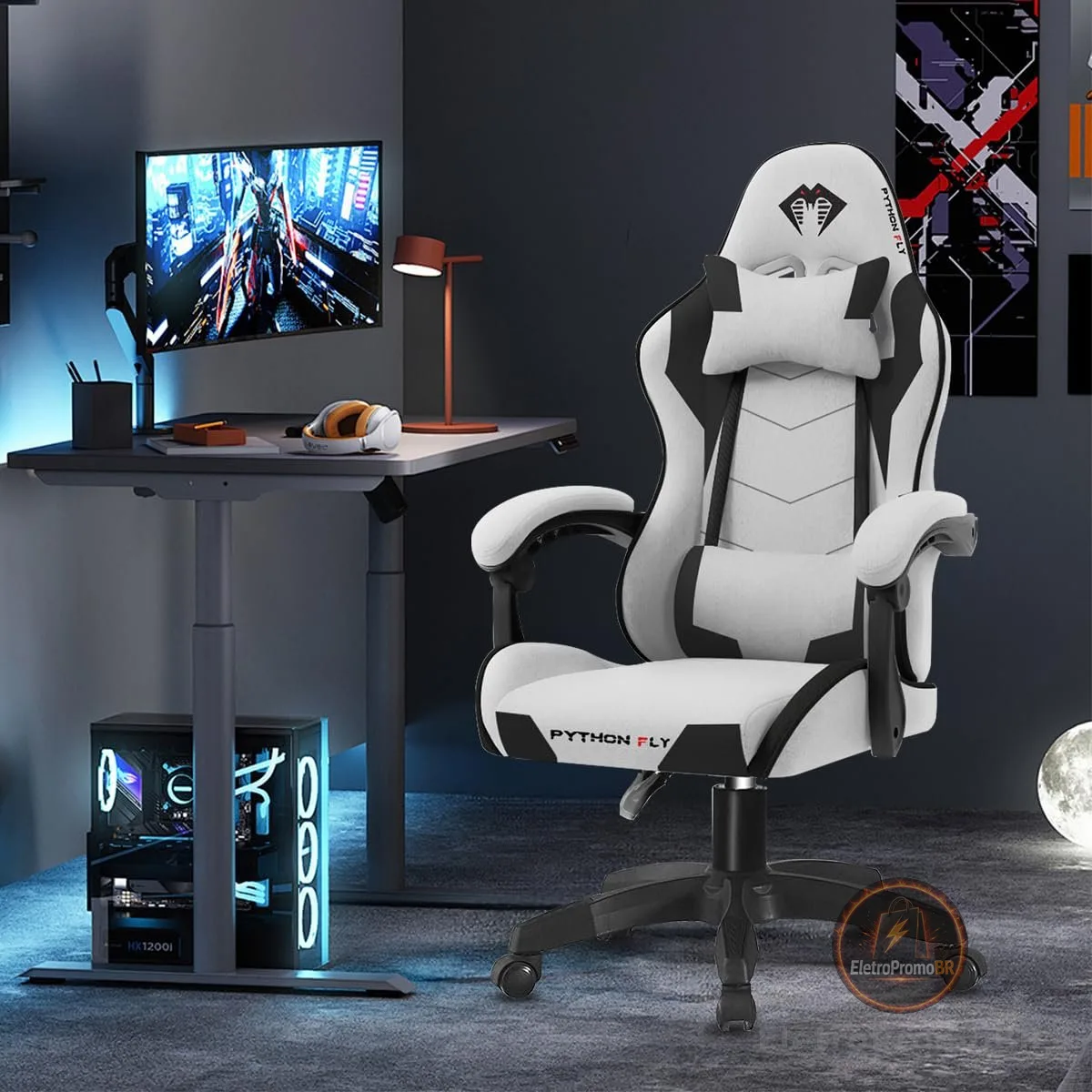 Cadeira Gamer Python Fly em tecido, respirável e ecológica, ângulo ajustável (Cinza Claro)