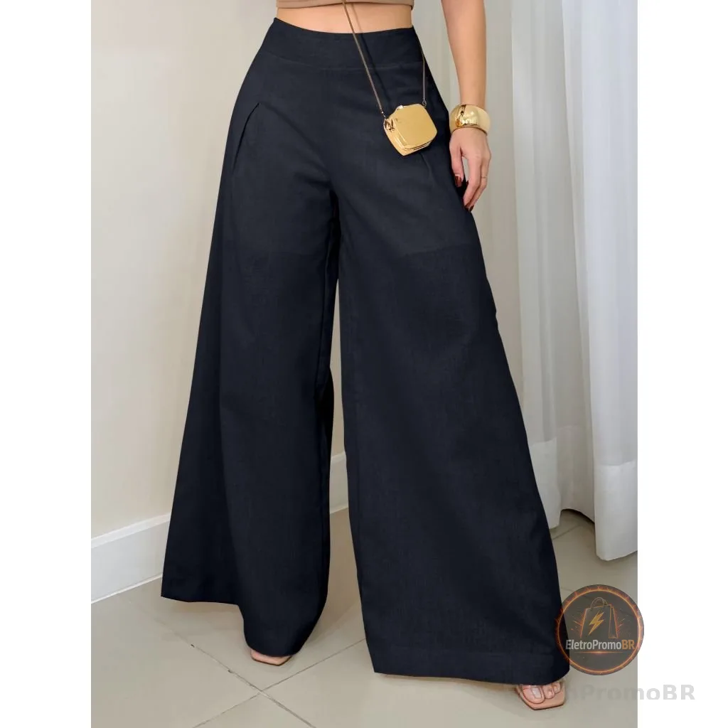 EMILI Calça Pantalona Feminina Linho / Zíper Na Lateral/ Sem Passante/ Forro Short-93143