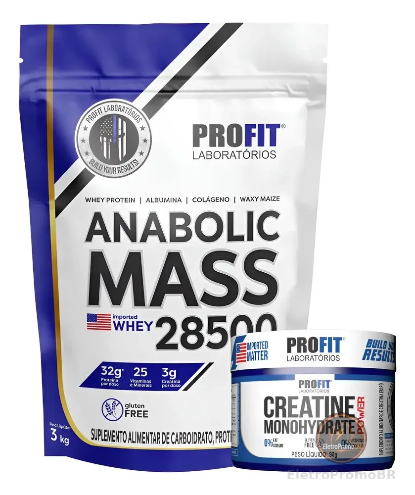 Kit Anabolic Mass 28500 C/ Whey Creatina Monohydrate Profit Baunilha 3kg | Creatina 90g