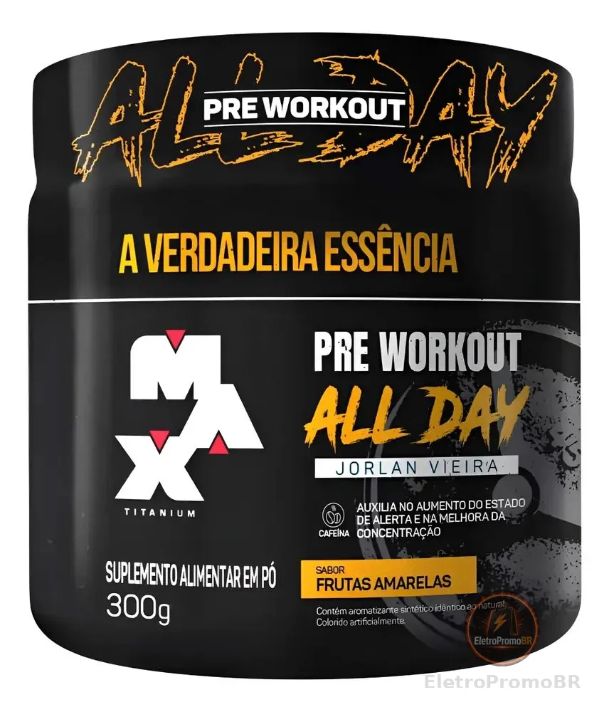 Pré Treino - All Day Jorlan Vieira Pote 300g - Max Titanium Sabor Frutas Amarelas