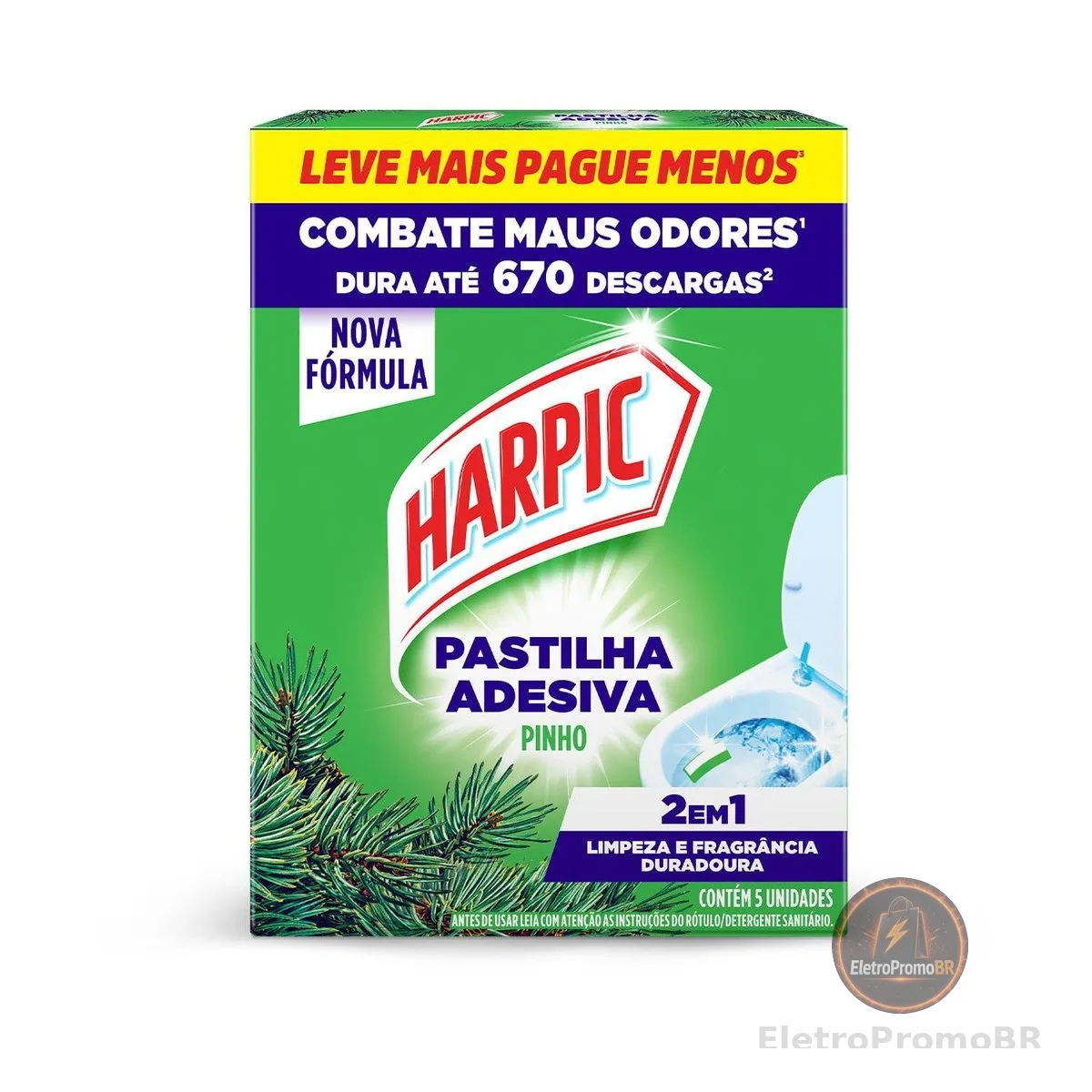 Harpic Pastilha Adesiva 2 em 1 Limpeza e Fragrância Duradoura Pinho 5 unidades, Produto de Limpeza