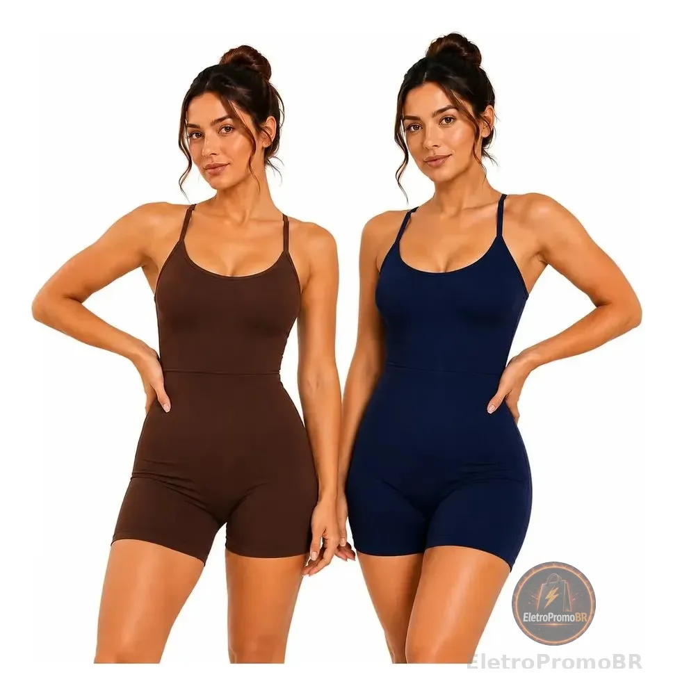 Kit 2 Macaquinho Fitness Feminino Curto Academia Treino Marrom E Azul M