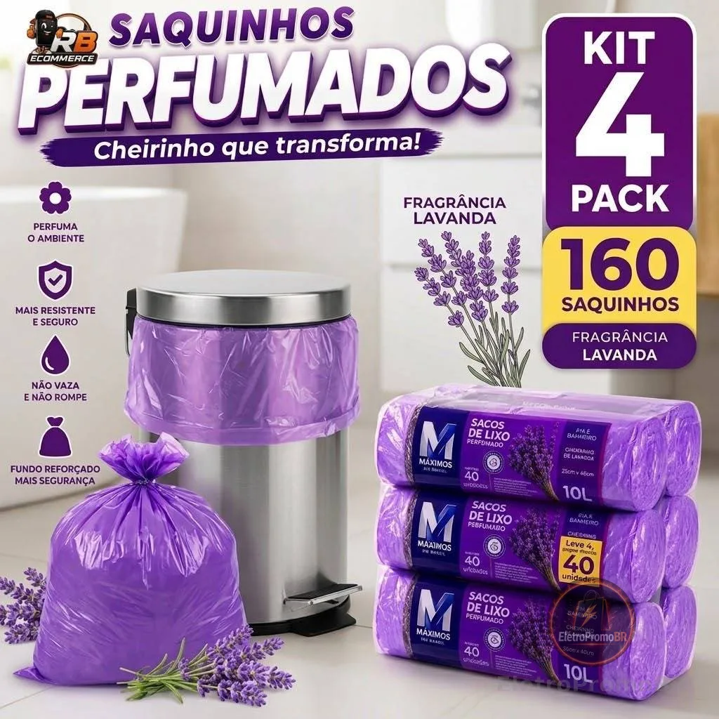Kit 4 Sacos de Lixo Perfumados Lavanda | 160 Sacos | Pia e Banheiro | 34x38cm | Neutraliza Odores