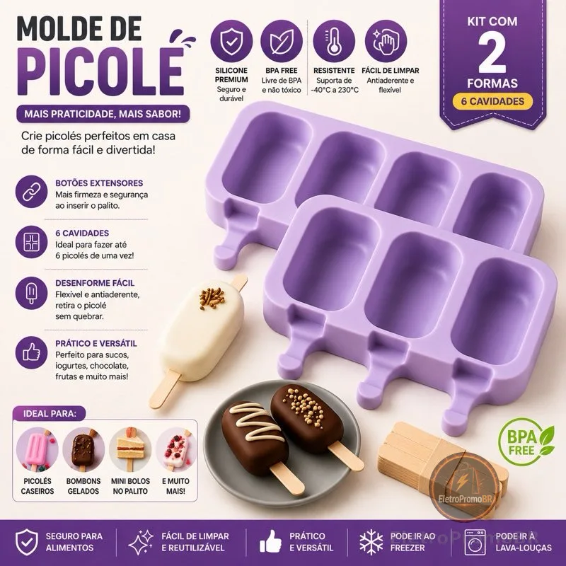 Forma de Sorvete Molde de Picolé de Silicone Com Tampa + 50 Palitos